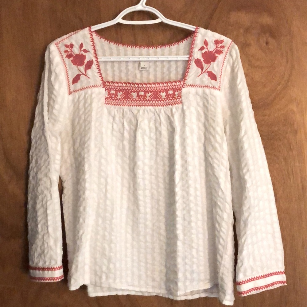 J. Crew  W’s l/s 100% White cotton top with Red embroidery ~ small